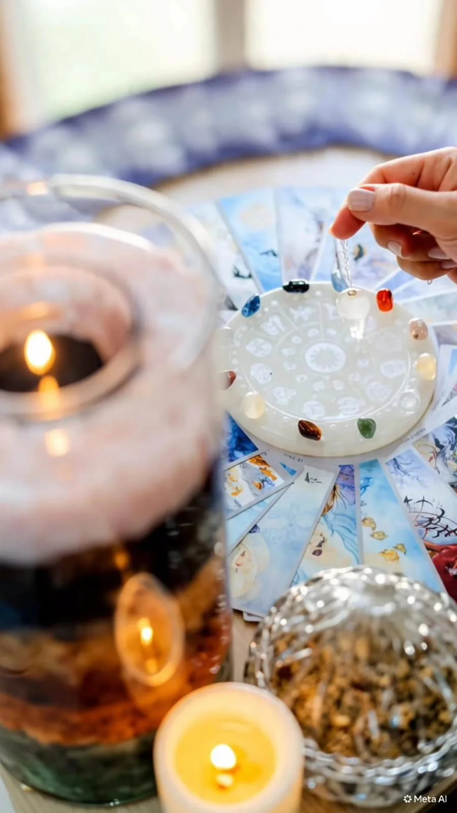 Mesa de consulta espiritual com cartas de tarô, cristais, pêndulo e velas acesas
