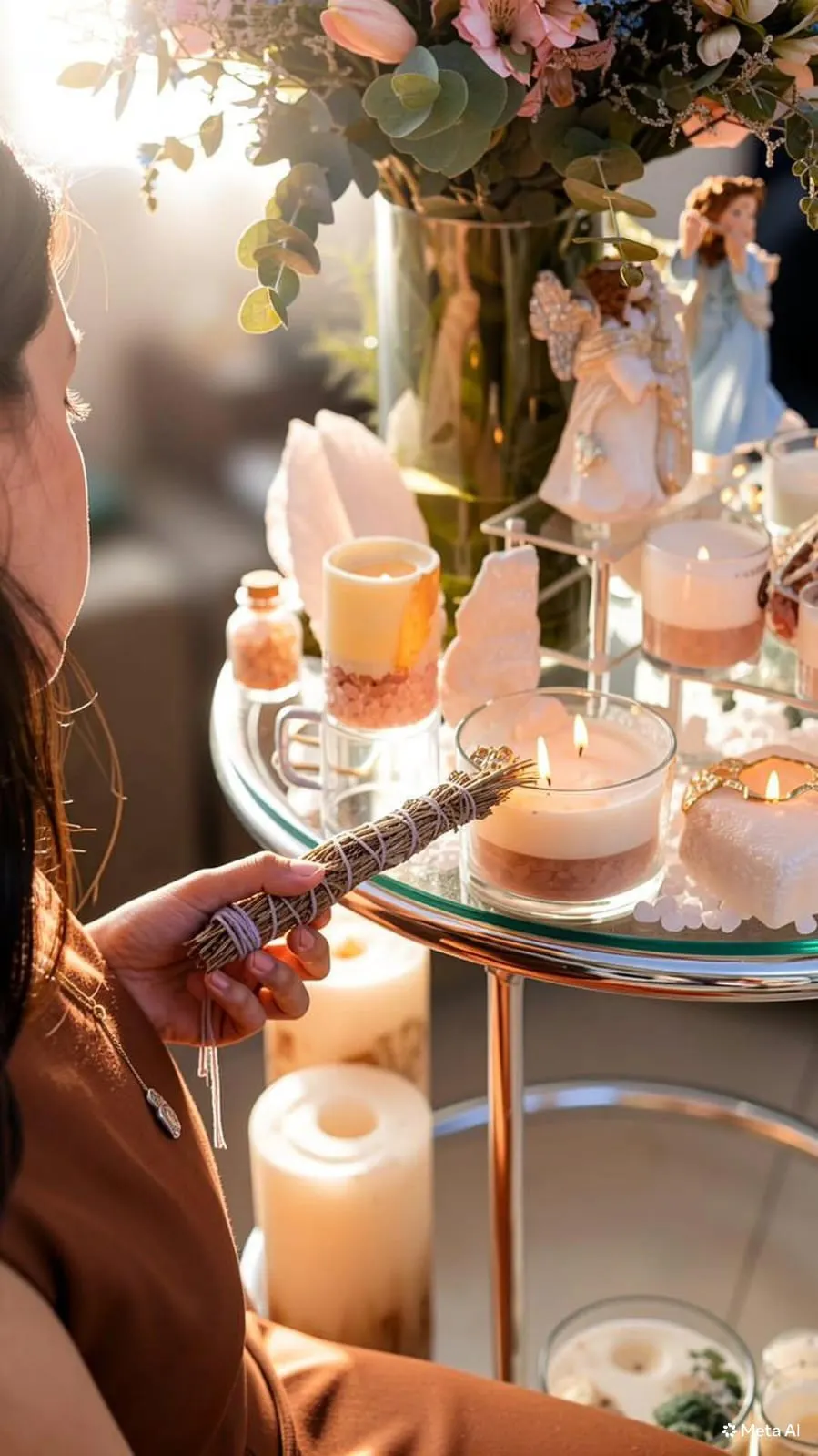 Marcelli segurando um maço de ervas diante de um altar com flores, anjos e velas acesas