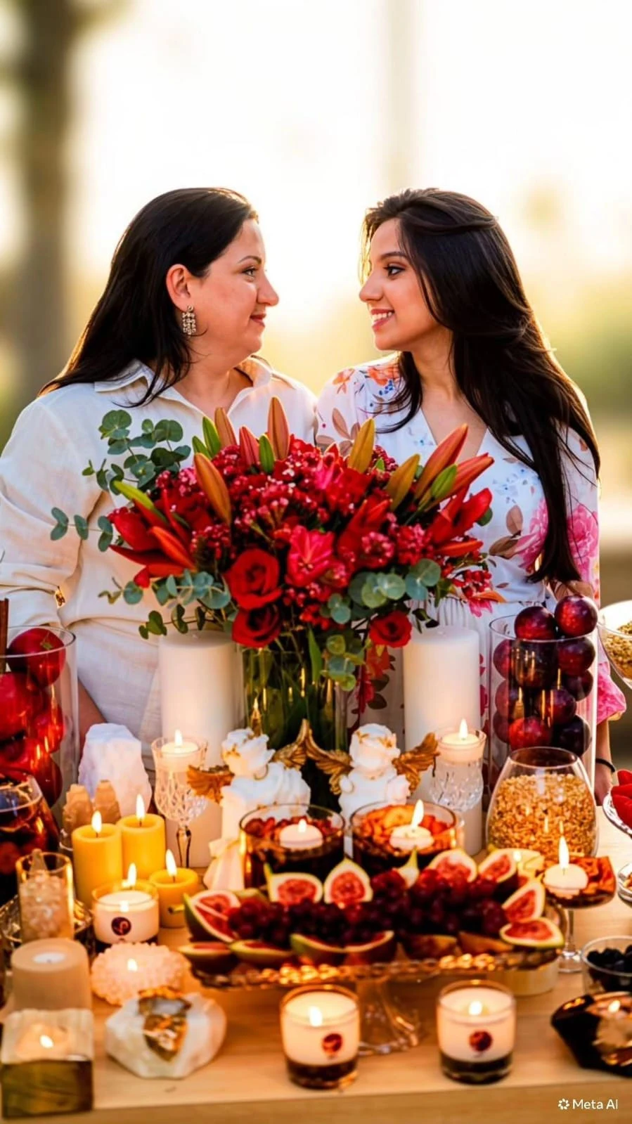 Duas mulheres da família Marcelli diante de uma mesa com flores, velas, frutas e cristais